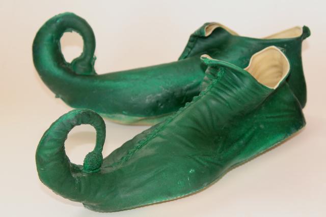 photo of vintage costume elf leprechaun gnome fairy tale dwarf shoes, green rubber slippers #10