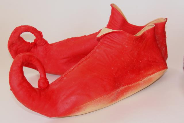 photo of vintage costume elf leprechaun gnome fairy tale dwarf shoes, red rubber slippers #2