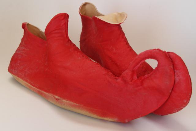 photo of vintage costume elf leprechaun gnome fairy tale dwarf shoes, red rubber slippers #3