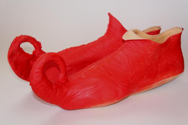 photo of vintage costume elf leprechaun gnome fairy tale dwarf shoes, red rubber slippers #4