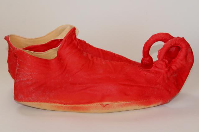 photo of vintage costume elf leprechaun gnome fairy tale dwarf shoes, red rubber slippers #7