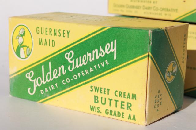 photo of vintage cottage cheese container & Golden Guernsey dairy butter boxes, retro food packaging #6