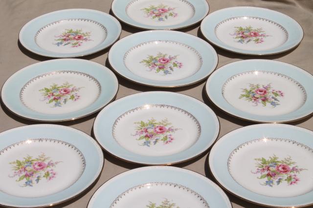 photo of vintage cottage chic shabby floral china dinner plates, aqua blue w/ flowers #1