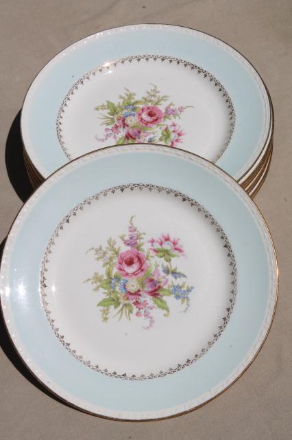 photo of vintage cottage chic shabby floral china dinner plates, aqua blue w/ flowers #2