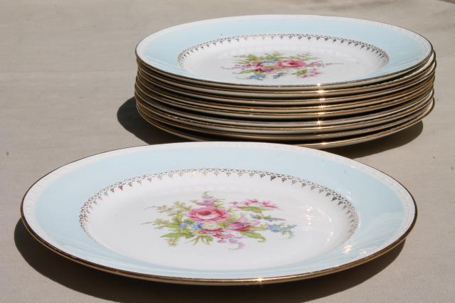 photo of vintage cottage chic shabby floral china dinner plates, aqua blue w/ flowers #5