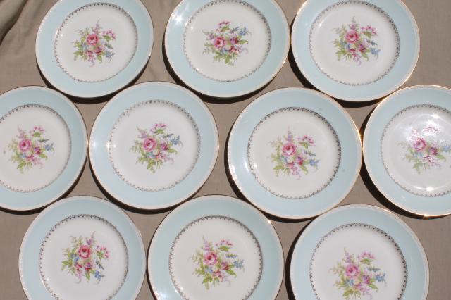 photo of vintage cottage chic shabby floral china dinner plates, aqua blue w/ flowers #6