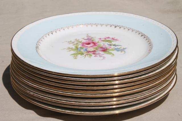 photo of vintage cottage chic shabby floral china dinner plates, aqua blue w/ flowers #7