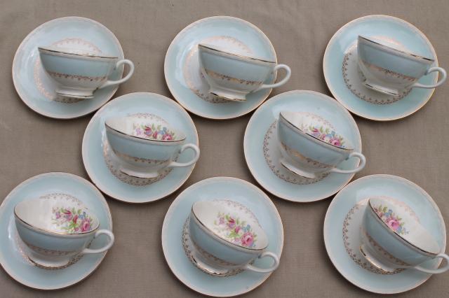 photo of vintage cottage chic shabby floral china tea cups & saucers, aqua blue w/ flowers #2