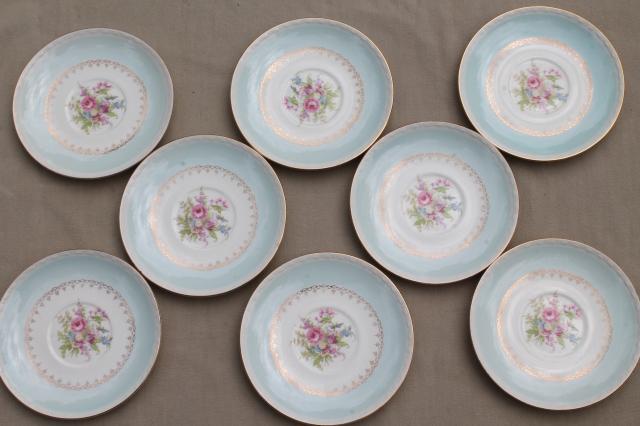 photo of vintage cottage chic shabby floral china tea cups & saucers, aqua blue w/ flowers #3