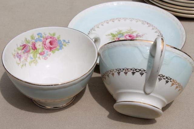 photo of vintage cottage chic shabby floral china tea cups & saucers, aqua blue w/ flowers #5