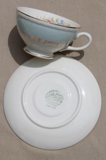 photo of vintage cottage chic shabby floral china tea cups & saucers, aqua blue w/ flowers #8