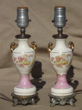 catalog photo of vintage cottage china boudoir lamps, shabby romantic chic vanity lamps pair