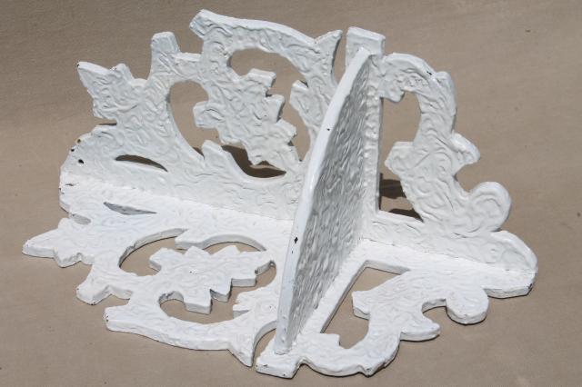 photo of vintage cottage corner shelf, wood fretwork shelves w/ old white paint, alpine chalet style #4