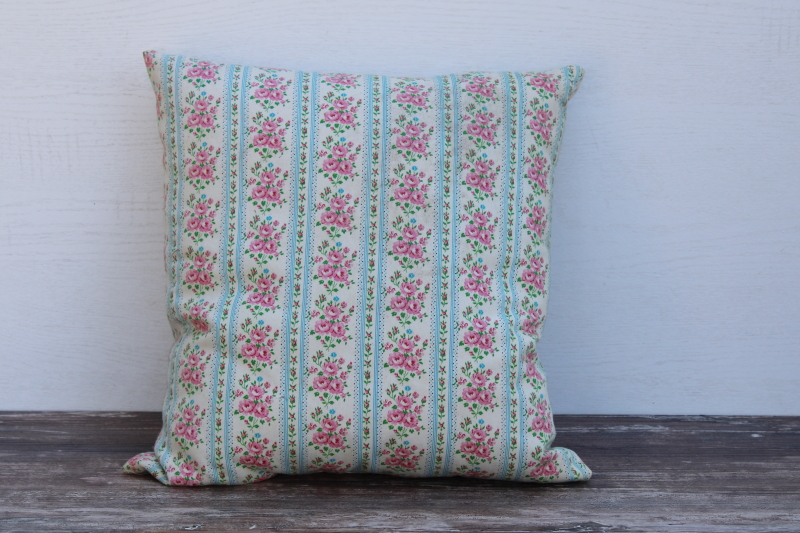 photo of vintage cottage cotton ticking pillow, girly floral stripe print fabric cushion w/ poly fill #1