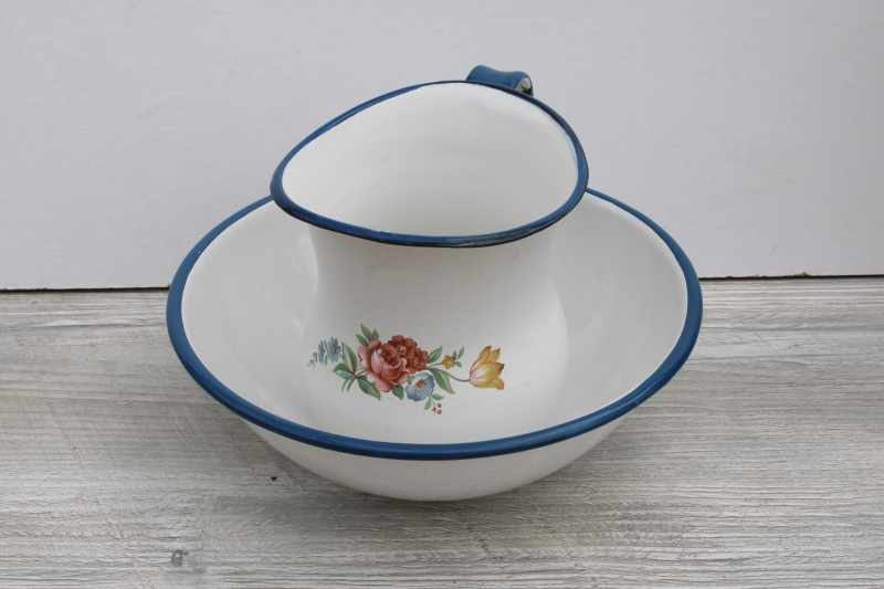 photo of vintage cottage floral wash set, blue trim white enamelware pitcher bowl, farmhouse decor #1