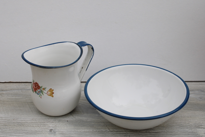 photo of vintage cottage floral wash set, blue trim white enamelware pitcher bowl, farmhouse decor #2
