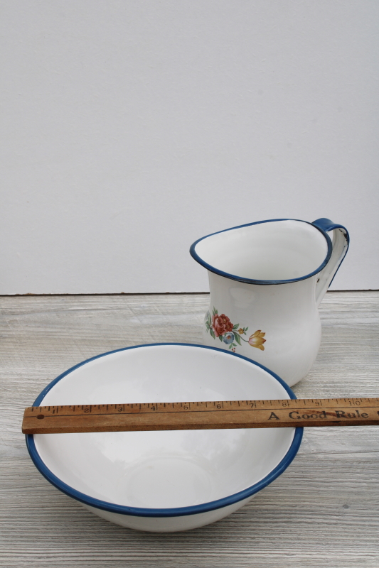 photo of vintage cottage floral wash set, blue trim white enamelware pitcher bowl, farmhouse decor #6