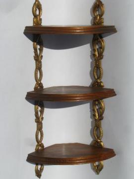 catalog photo of vintage cottage hanging corner wall shelf, wood w/ ornate metal brackets