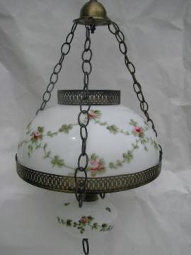 catalog photo of vintage cottage hanging light swag lamp, shabby roses chic painted glass shade