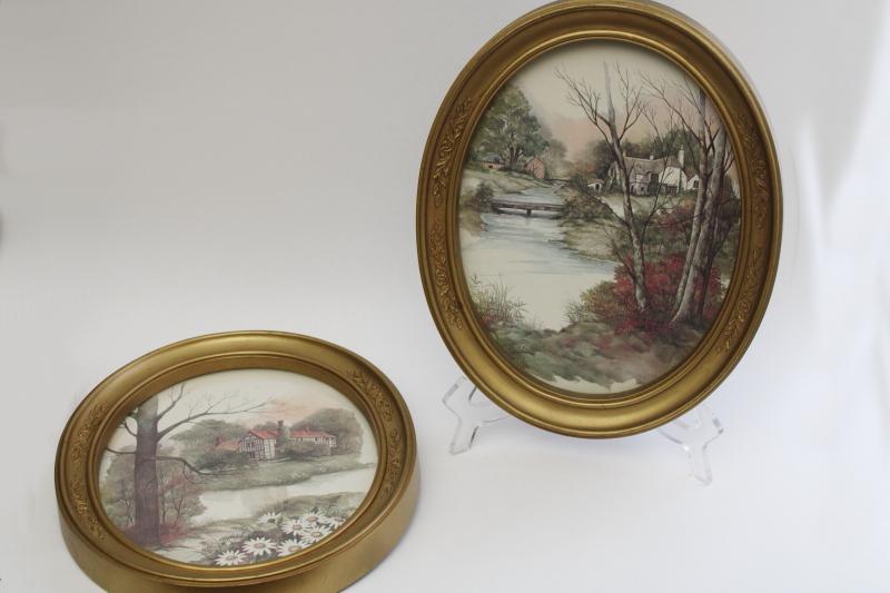 photo of vintage cottage scenes pair of framed prints in oval gold plastic frames #1