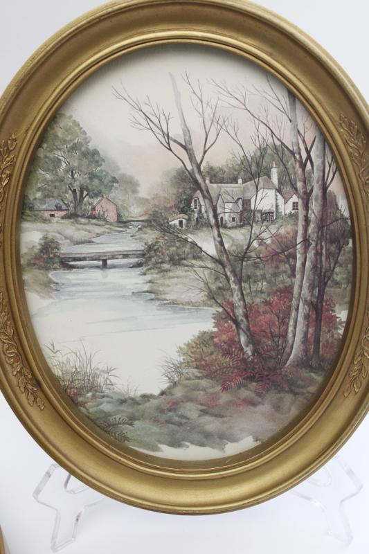 photo of vintage cottage scenes pair of framed prints in oval gold plastic frames #2