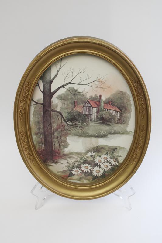 photo of vintage cottage scenes pair of framed prints in oval gold plastic frames #3