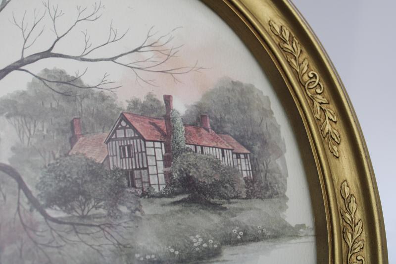 photo of vintage cottage scenes pair of framed prints in oval gold plastic frames #4