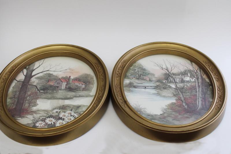 photo of vintage cottage scenes pair of framed prints in oval gold plastic frames #6