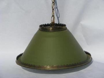 catalog photo of vintage cottage style hanging swag lamp, painted tole metal shade pendant light