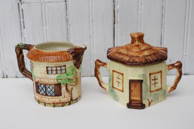 photo of vintage cottage ware pottery cream & sugar, English Tudor thatched cottages  #1