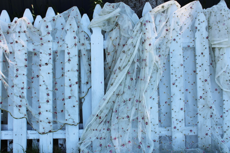 photo of vintage cottagecore flowers embroidered net sheer curtain panels & table cover #1