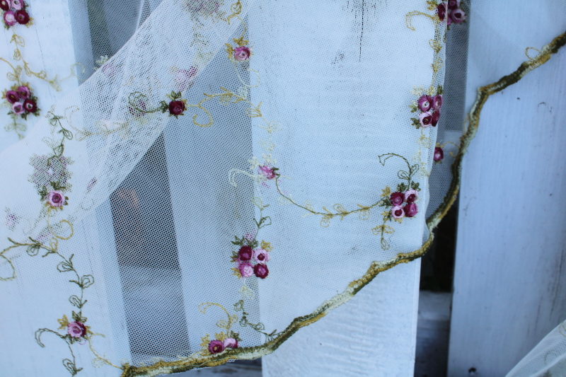 photo of vintage cottagecore flowers embroidered net sheer curtain panels & table cover #2