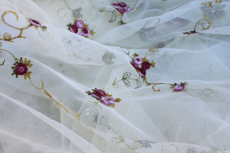 photo of vintage cottagecore flowers embroidered net sheer curtain panels & table cover #6