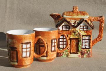 catalog photo of vintage cottageware tea set, tea for two English thatched cottage teapot & cups
