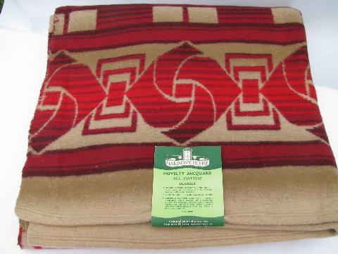 photo of vintage cotton Indian camp blanket, red & tan plaid, original label #1