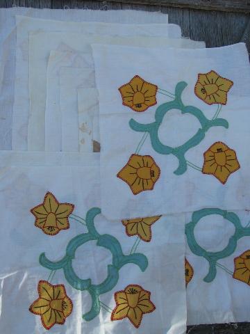 photo of vintage cotton album quilt top blocks, embroidered applique daffodils #1