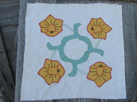 photo of vintage cotton album quilt top blocks, embroidered applique daffodils #2