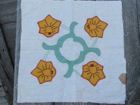 photo of vintage cotton album quilt top blocks, embroidered applique daffodils #5