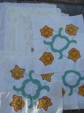 catalog photo of vintage cotton album quilt top blocks, embroidered applique daffodils