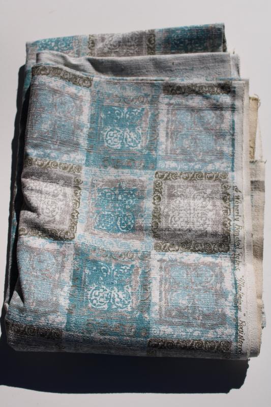 photo of vintage cotton barkcloth fabric, Waverly Martinique print aqua grey gold #1