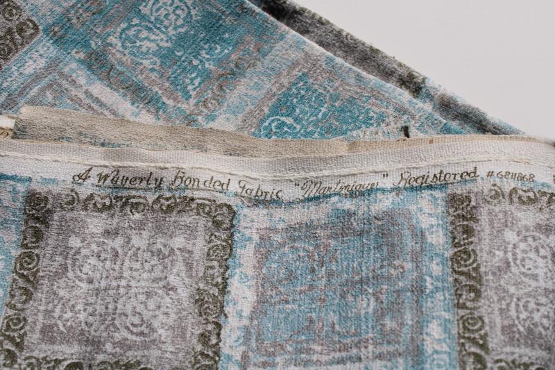 photo of vintage cotton barkcloth fabric, Waverly Martinique print aqua grey gold #4