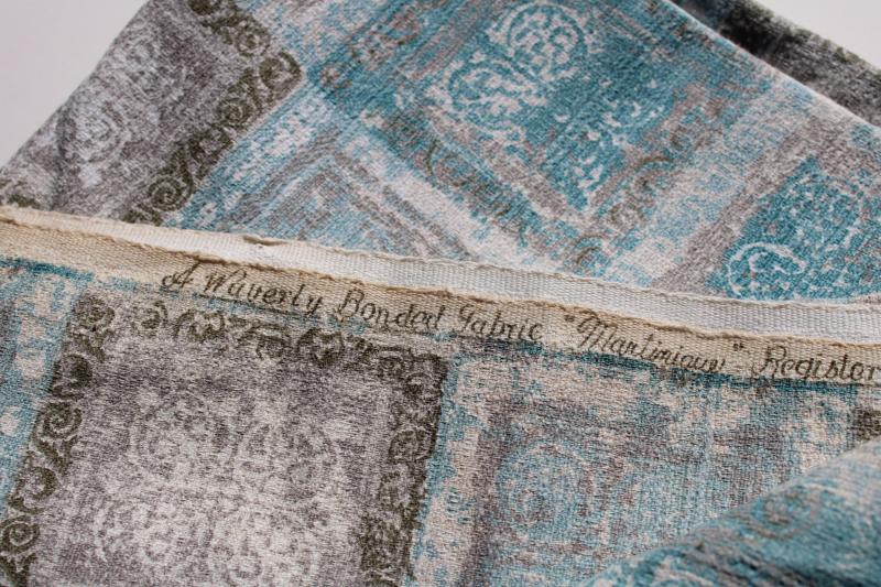 photo of vintage cotton barkcloth fabric, Waverly Martinique print aqua grey gold #5