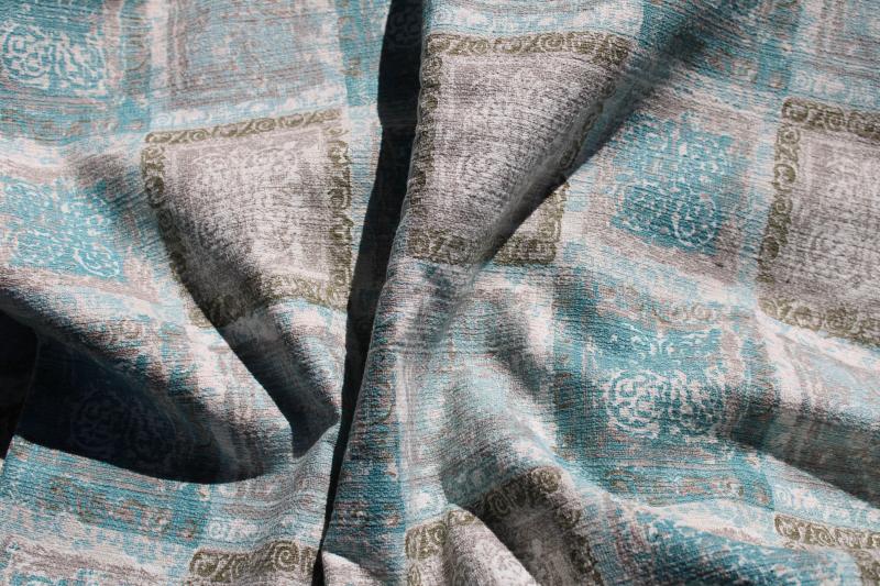 photo of vintage cotton barkcloth fabric, Waverly Martinique print aqua grey gold #6