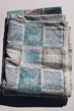 catalog photo of vintage cotton barkcloth fabric, Waverly Martinique print aqua grey gold