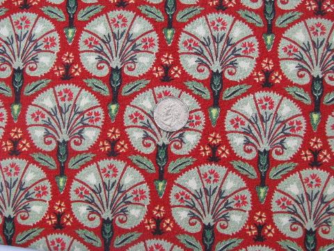 photo of vintage cotton barkcloth fabric, oriental fan & flower print on chinese red #1