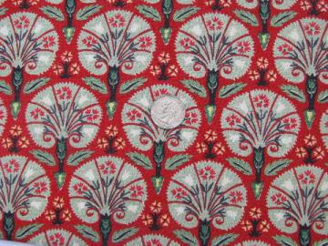 catalog photo of vintage cotton barkcloth fabric, oriental fan & flower print on chinese red