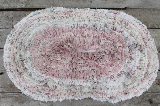 photo of vintage cotton barkcloth fabric ruffle rug, shaggy throw rug for bedroom or bath #1