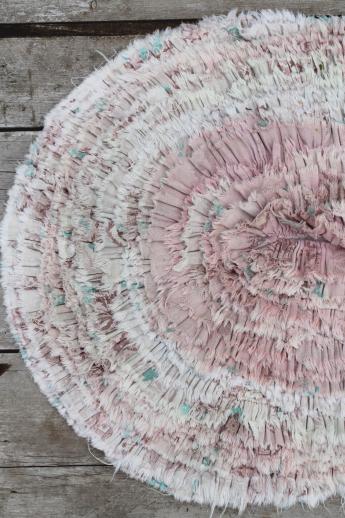 photo of vintage cotton barkcloth fabric ruffle rug, shaggy throw rug for bedroom or bath #2