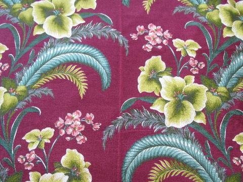 photo of vintage cotton barkcloth fabric, tropical floral print and solid colors #2