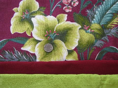 photo of vintage cotton barkcloth fabric, tropical floral print and solid colors #3